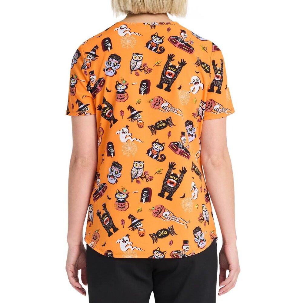 Scrubstar Cat Spider Skeleton V Neck Print Scrub Top​ Womens Orange Soft Fabric - Picture 6 of 10